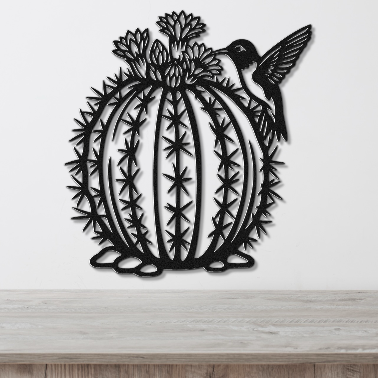 Hummingbird and Barrel Cactus Metal Wall Art