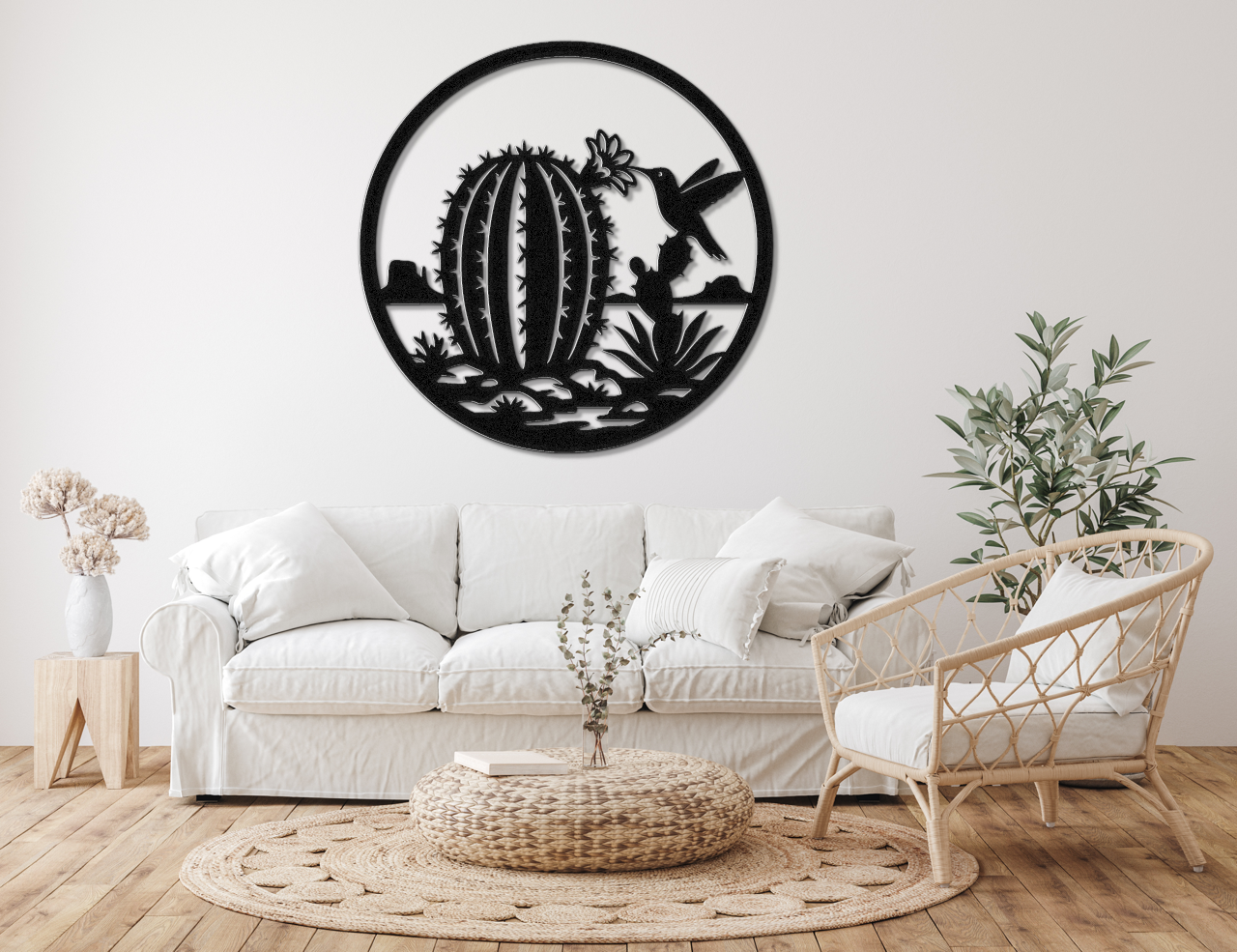 Hummingbird and Barrel Cactus Metal Wall Art