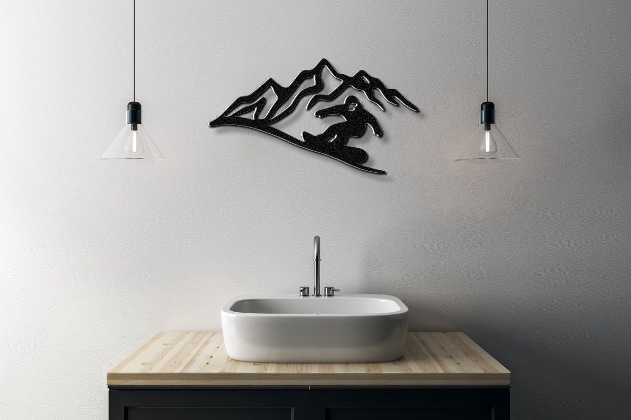 Snowboarder with Mountains Metal Wall Art