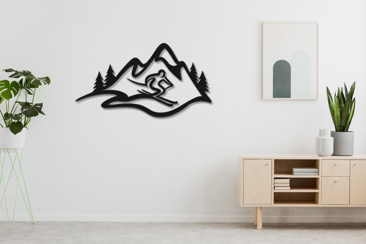 Skier and Mountain Metal Wall Art