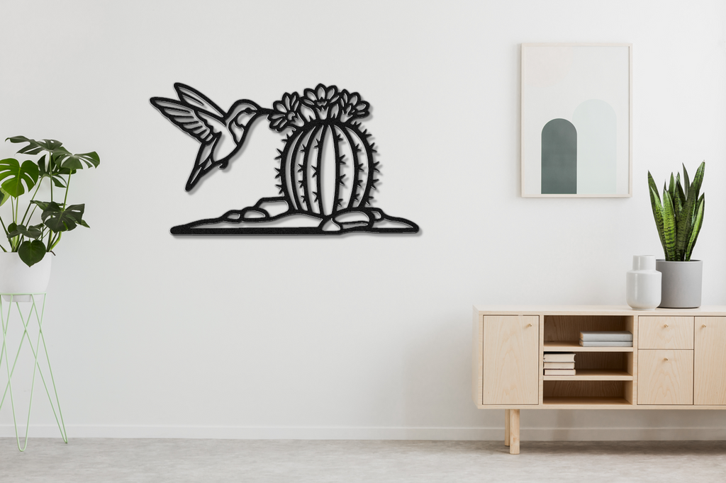 Hummingbird and Barrel Cactus Metal Wall Art