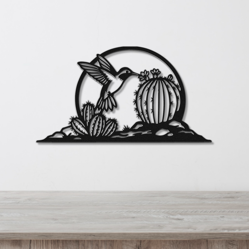 Hummingbird and Barrel Cactus Metal Wall Art