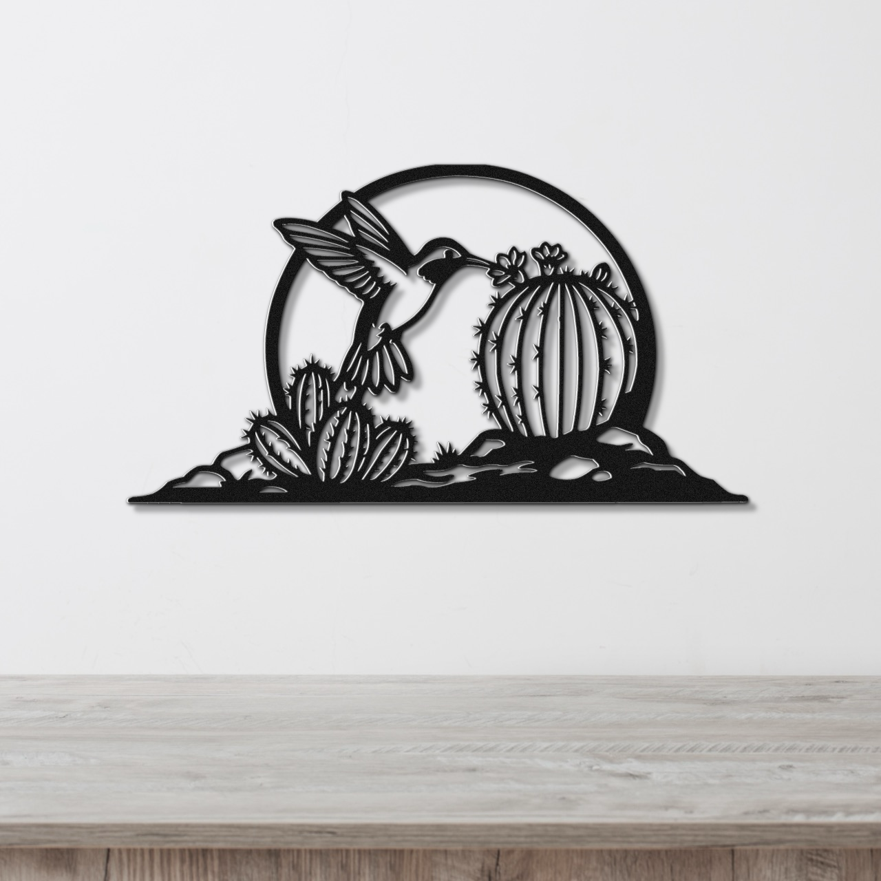 Hummingbird and Barrel Cactus Metal Wall Art