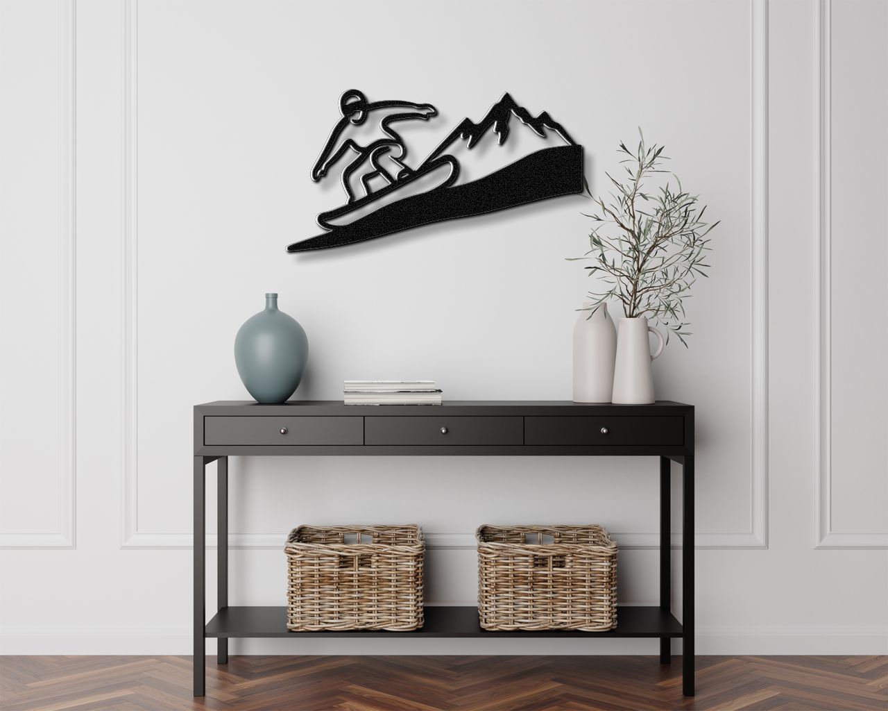 Snowboarder with Mountains Metal Wall Art