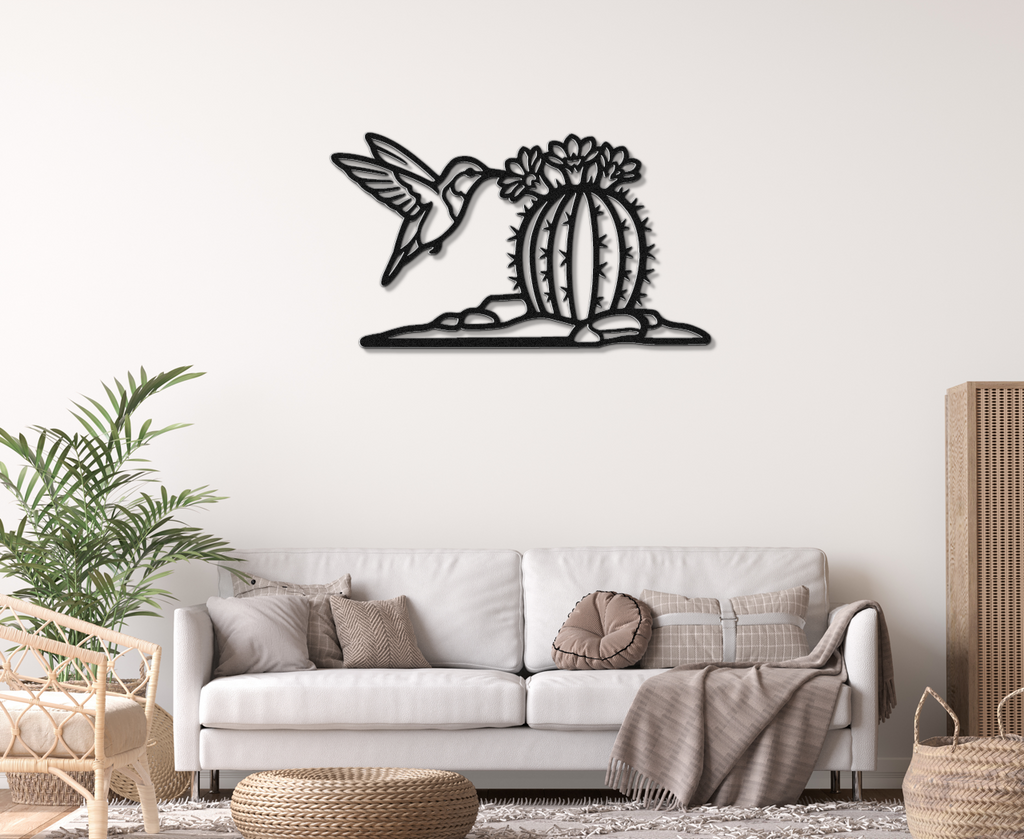 Hummingbird and Barrel Cactus Metal Wall Art