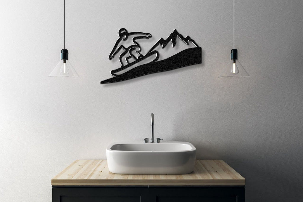 Snowboarder with Mountains Metal Wall Art