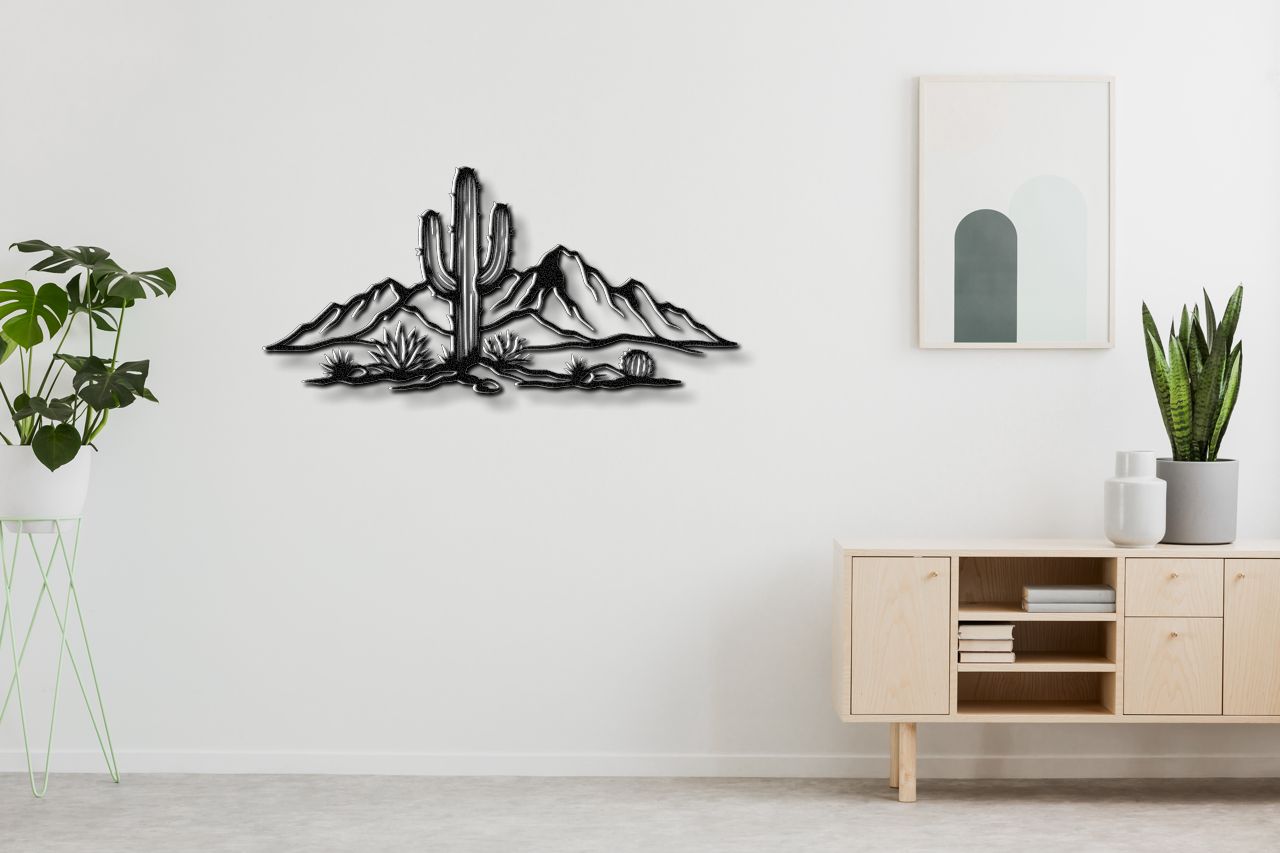 Saguaro Cactus with Mountains Metal Wall Art