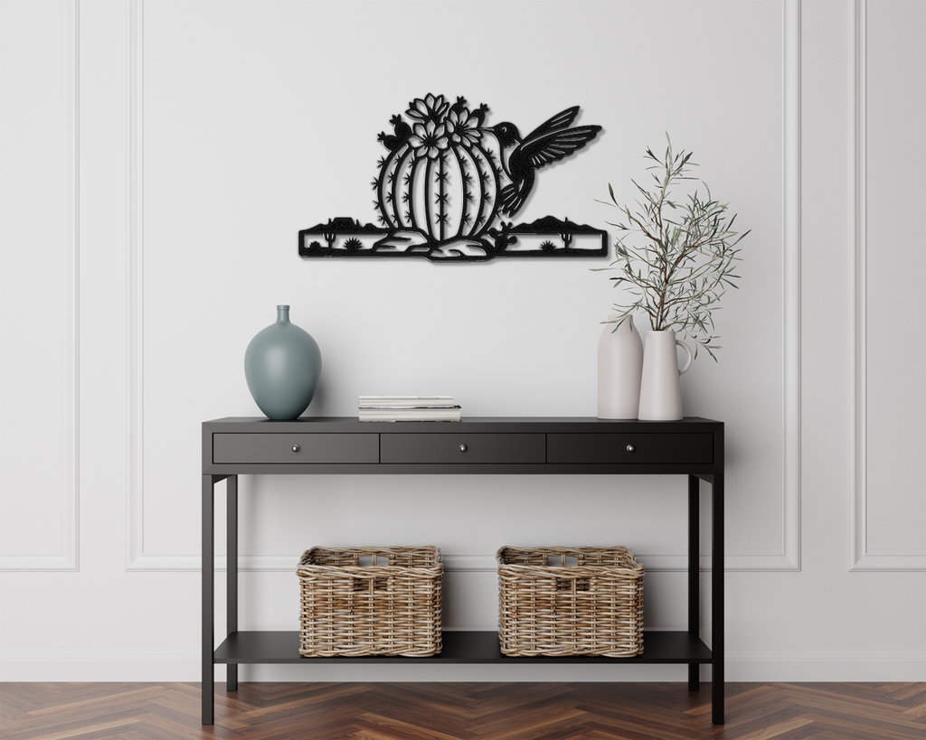 Hummingbird and Barrel Cactus Metal Wall Art