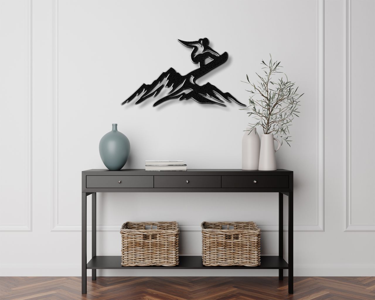 Snowboarder with Mountains Metal Wall Art