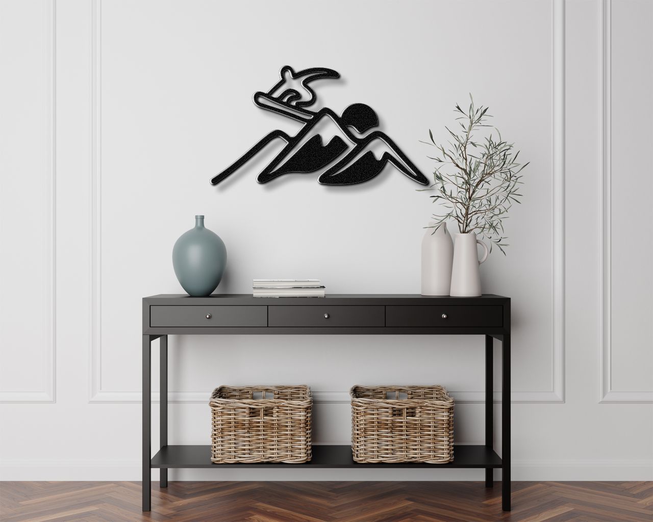 Snowboarder with Mountains Metal Wall Art