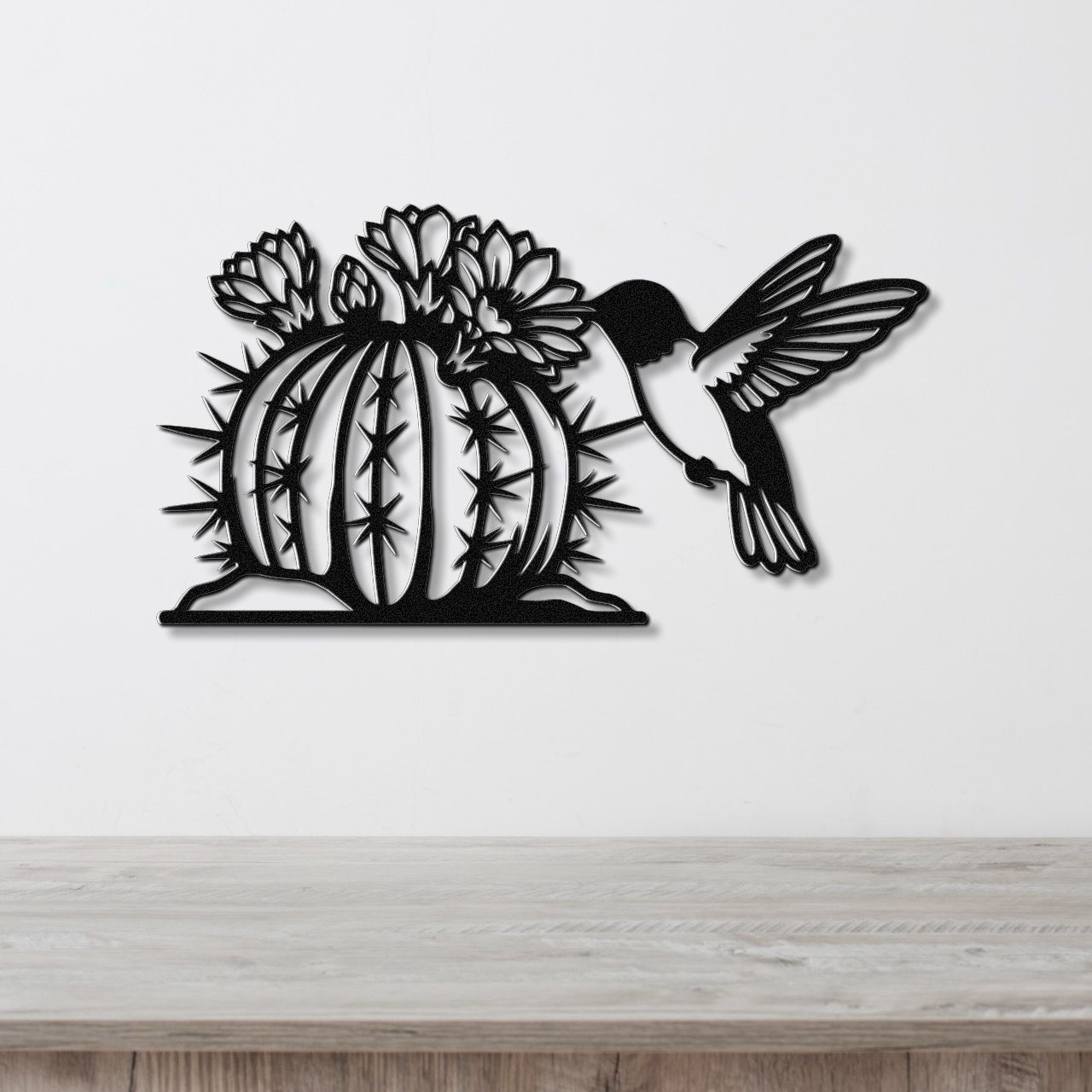 Thirsty Hummingbird and Flowering Barrel Cactus Metal Wall Art