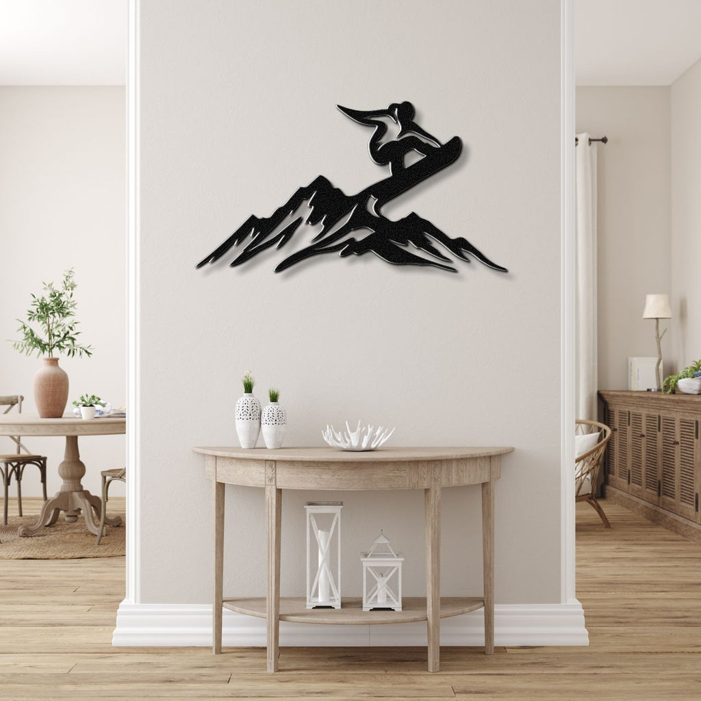 Snowboarder with Mountains Metal Wall Art