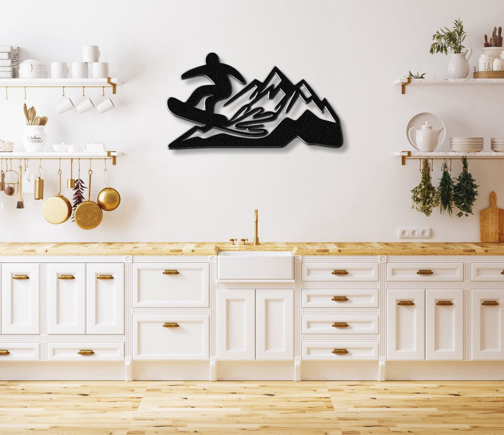 Snowboarder with Mountains Metal Wall Art