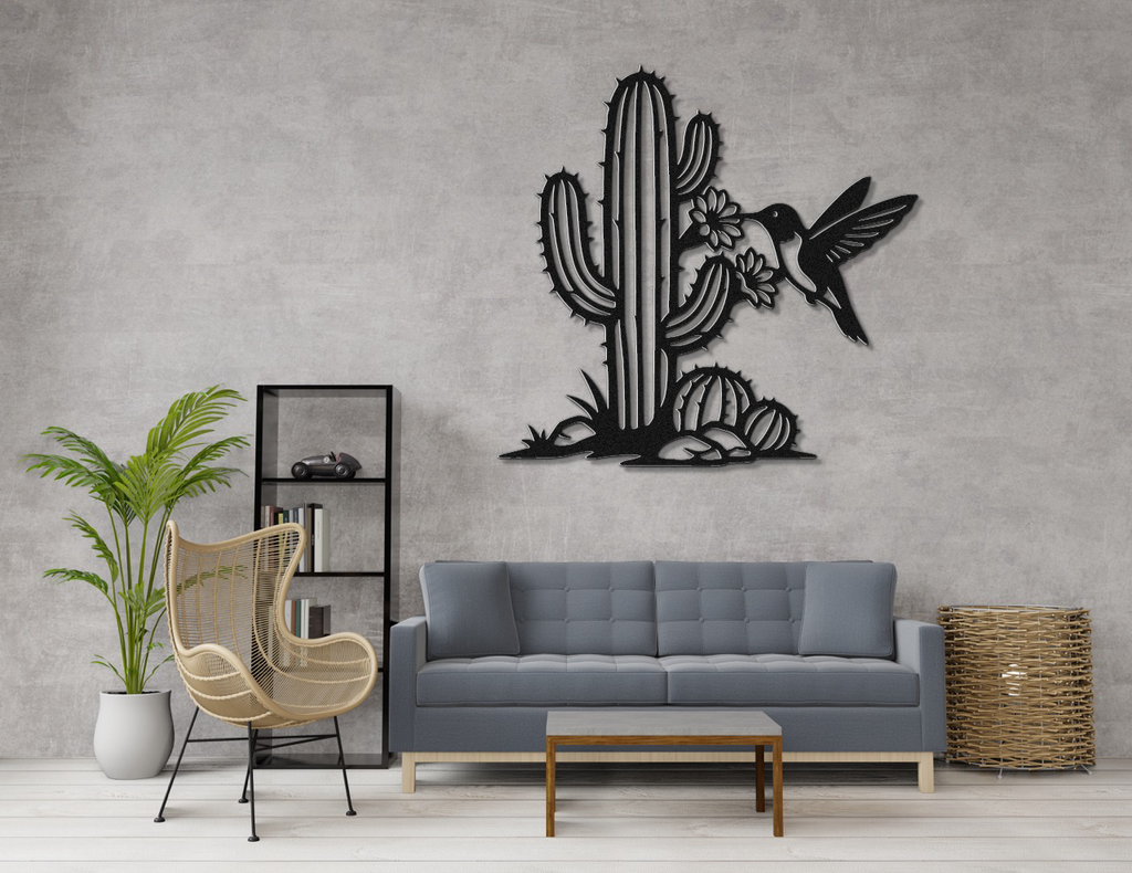 Hummingbird and Cactus Metal Wall Art