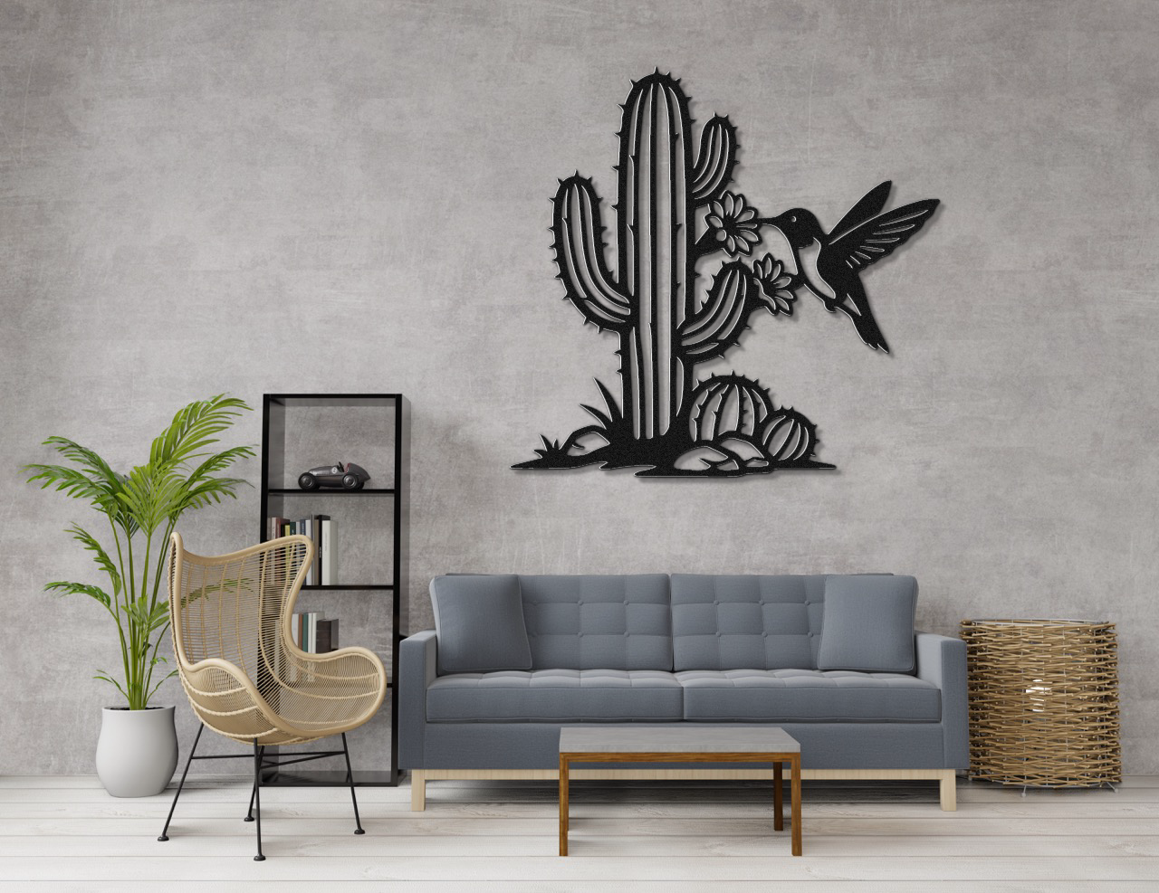 Hummingbird and Cactus Metal Wall Art
