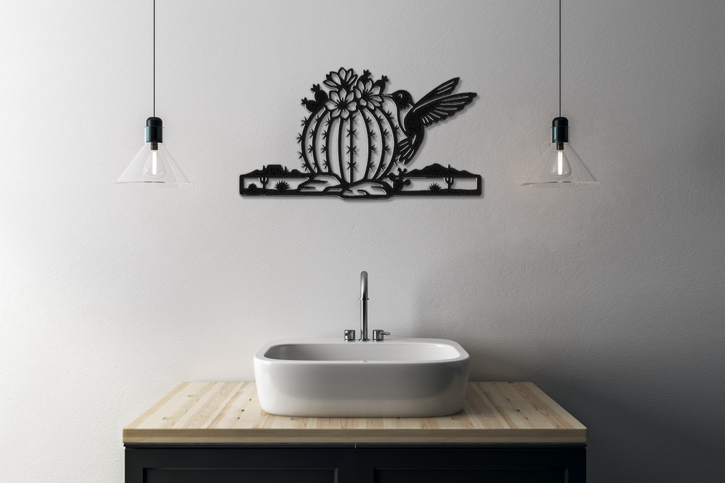 Hummingbird and Barrel Cactus Metal Wall Art