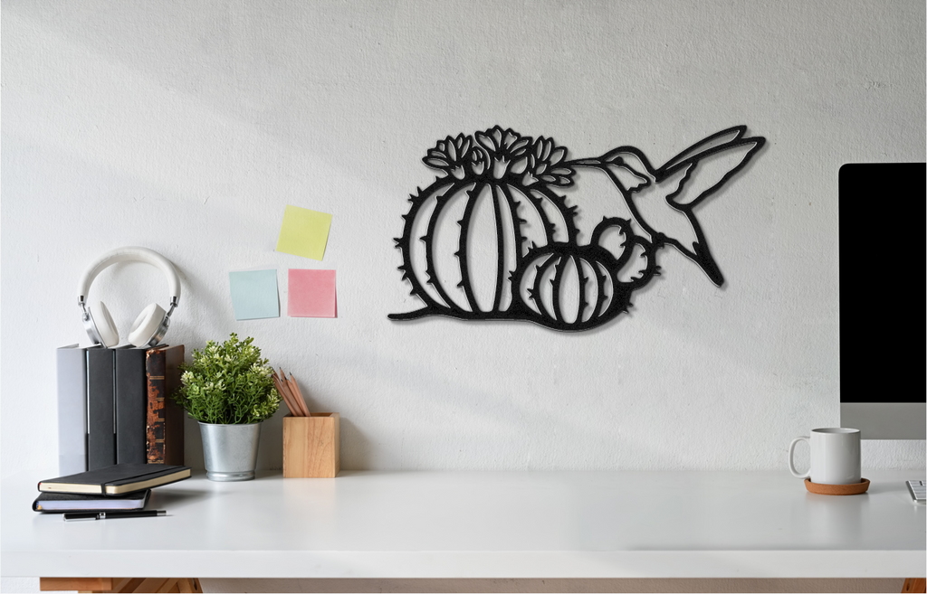 Hummingbird and Barrel Cactus Metal Wall Art