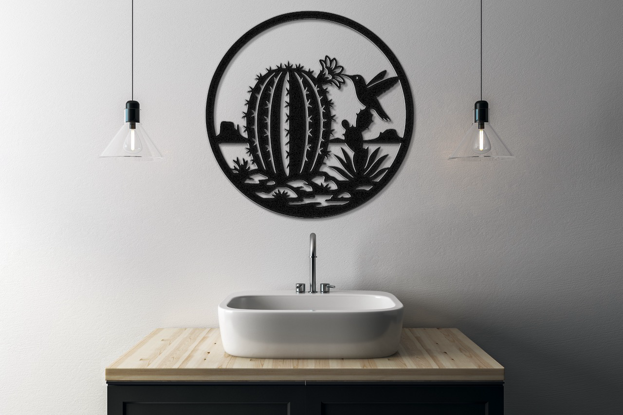 Hummingbird and Barrel Cactus Metal Wall Art